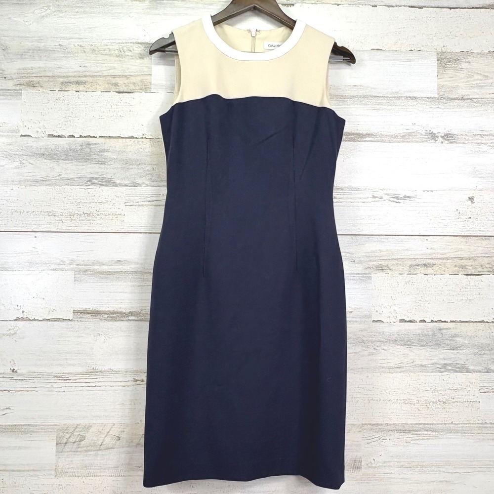 Calvin Klein Colorblock Sheath Dress Navy Blue Cream Sleeveless Business Size 4